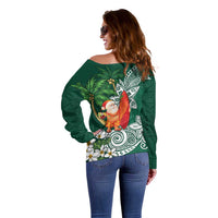 Polynesian Off Shoulder Sweater Tropical Santa - Plumeria Green Vintage LT7 - Polynesian Pride