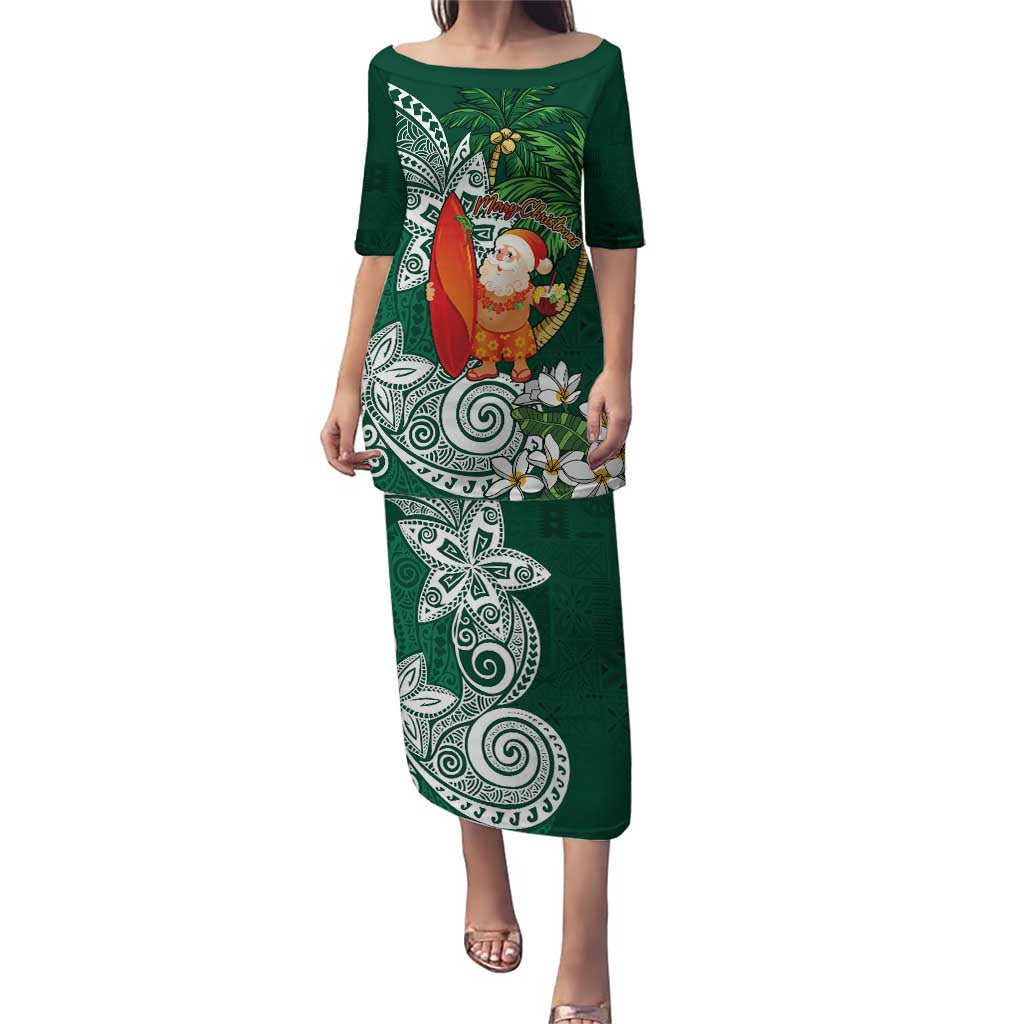 Polynesian Puletasi Tropical Santa - Plumeria Green Vintage LT7 Long Dress Green - Polynesian Pride