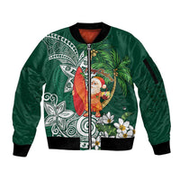 Polynesian Sleeve Zip Bomber Jacket Tropical Santa - Plumeria Green Vintage LT7 Unisex Green - Polynesian Pride