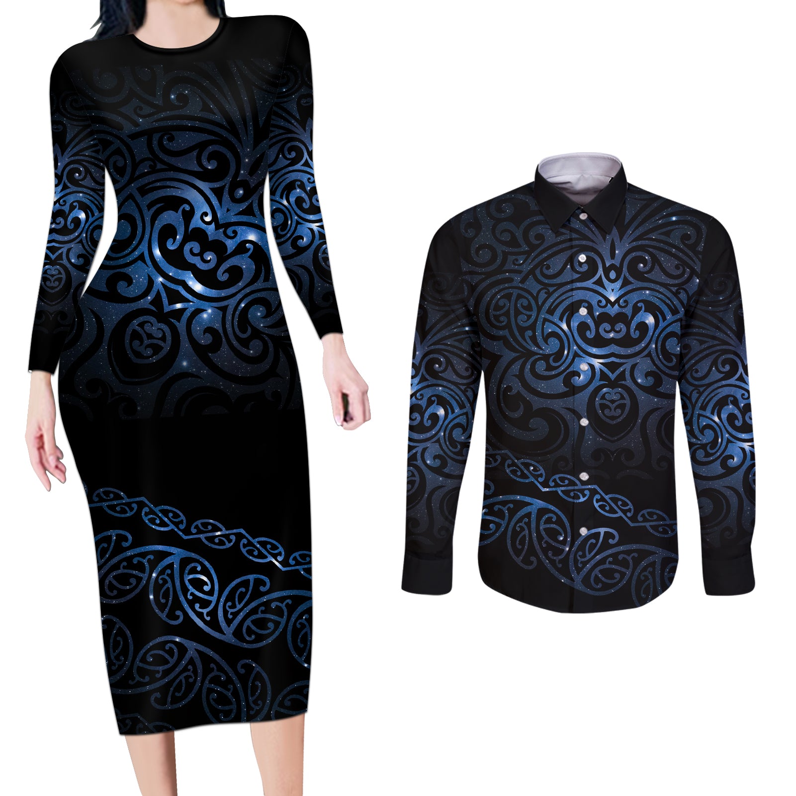 New Zealand Matariki Couples Matching Long Sleeve Bodycon Dress and Long Sleeve Button Shirt Cosmic Style LT7 Galaxy - Polynesian Pride