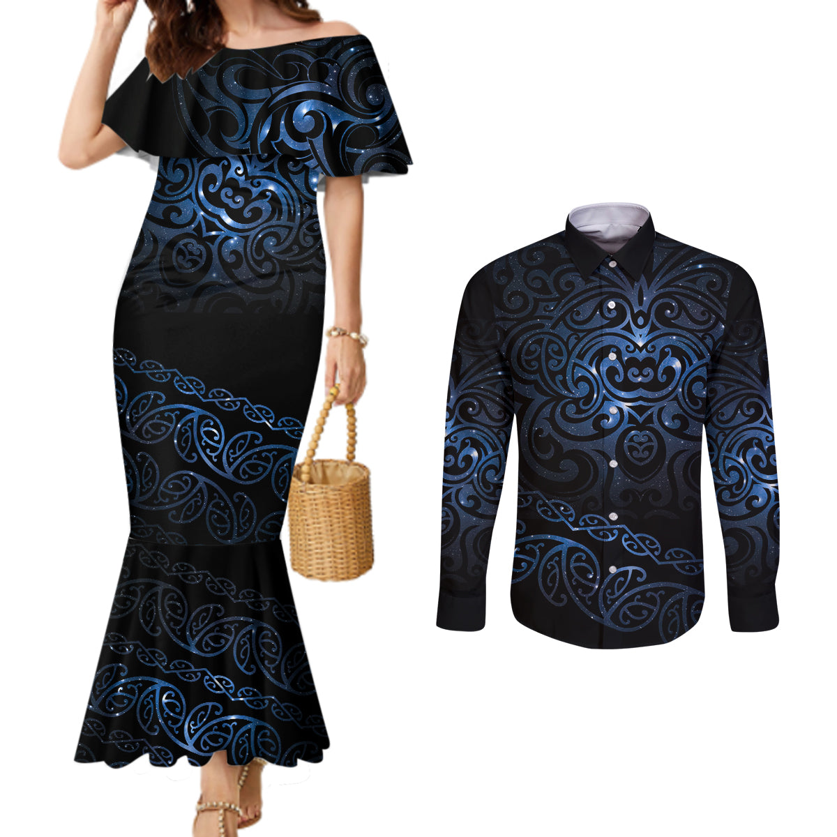 New Zealand Matariki Couples Matching Mermaid Dress and Long Sleeve Button Shirt Cosmic Style LT7 Galaxy - Polynesian Pride