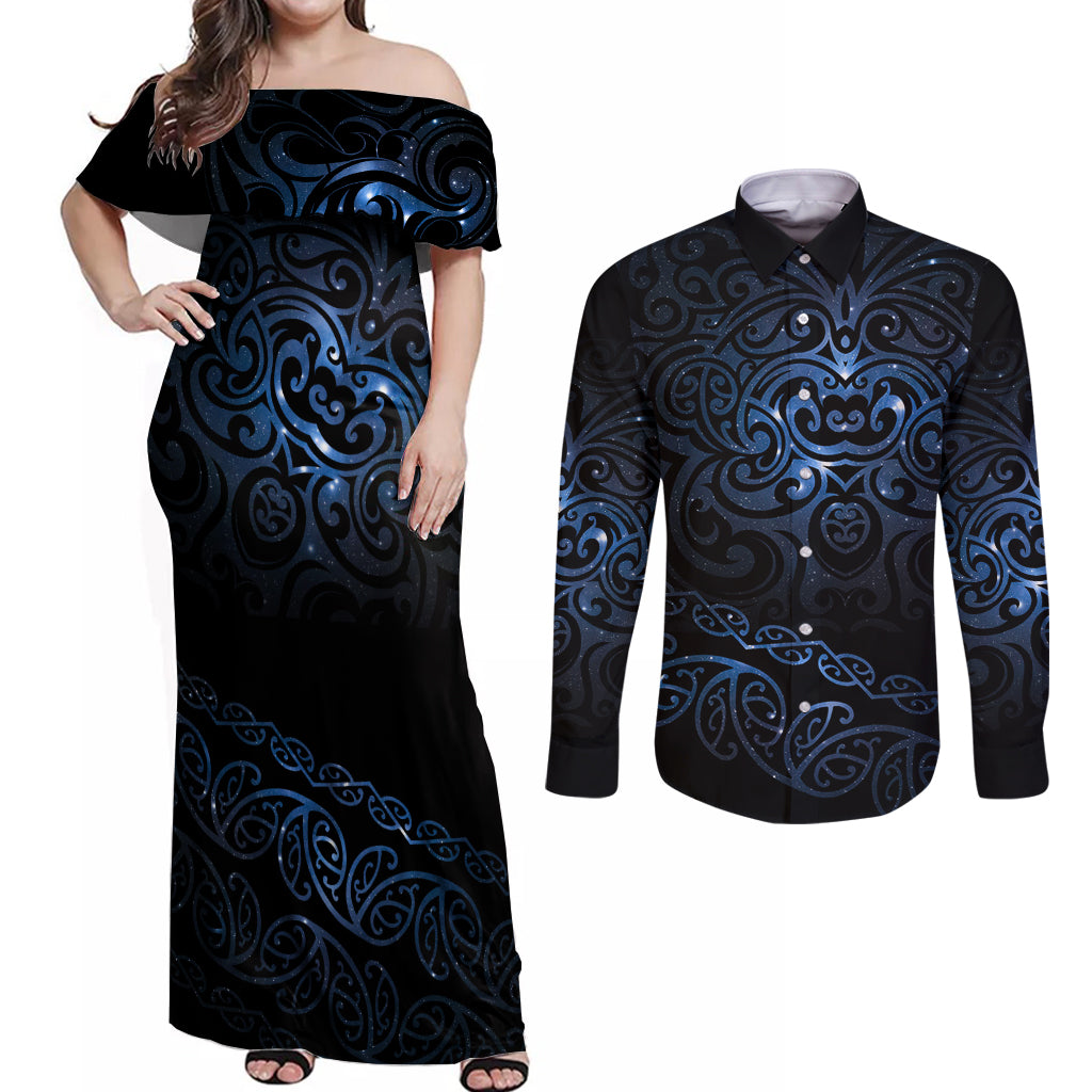 New Zealand Matariki Couples Matching Off Shoulder Maxi Dress and Long Sleeve Button Shirt Cosmic Style LT7 Galaxy - Polynesian Pride