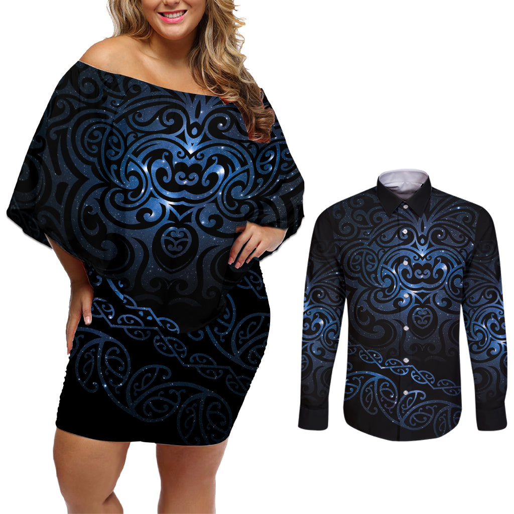 New Zealand Matariki Couples Matching Off Shoulder Short Dress and Long Sleeve Button Shirt Cosmic Style LT7 Galaxy - Polynesian Pride