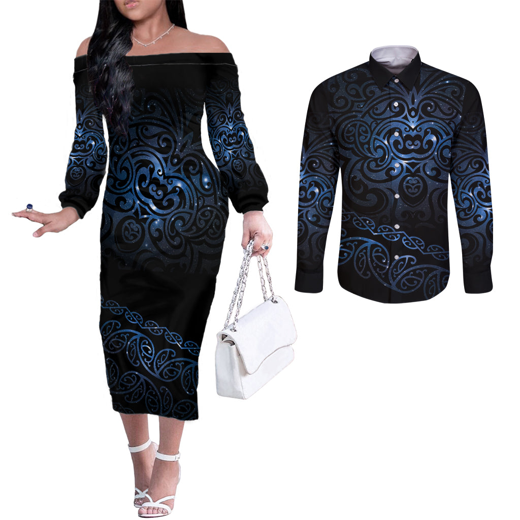 New Zealand Matariki Couples Matching Off The Shoulder Long Sleeve Dress and Long Sleeve Button Shirt Cosmic Style LT7 Galaxy - Polynesian Pride