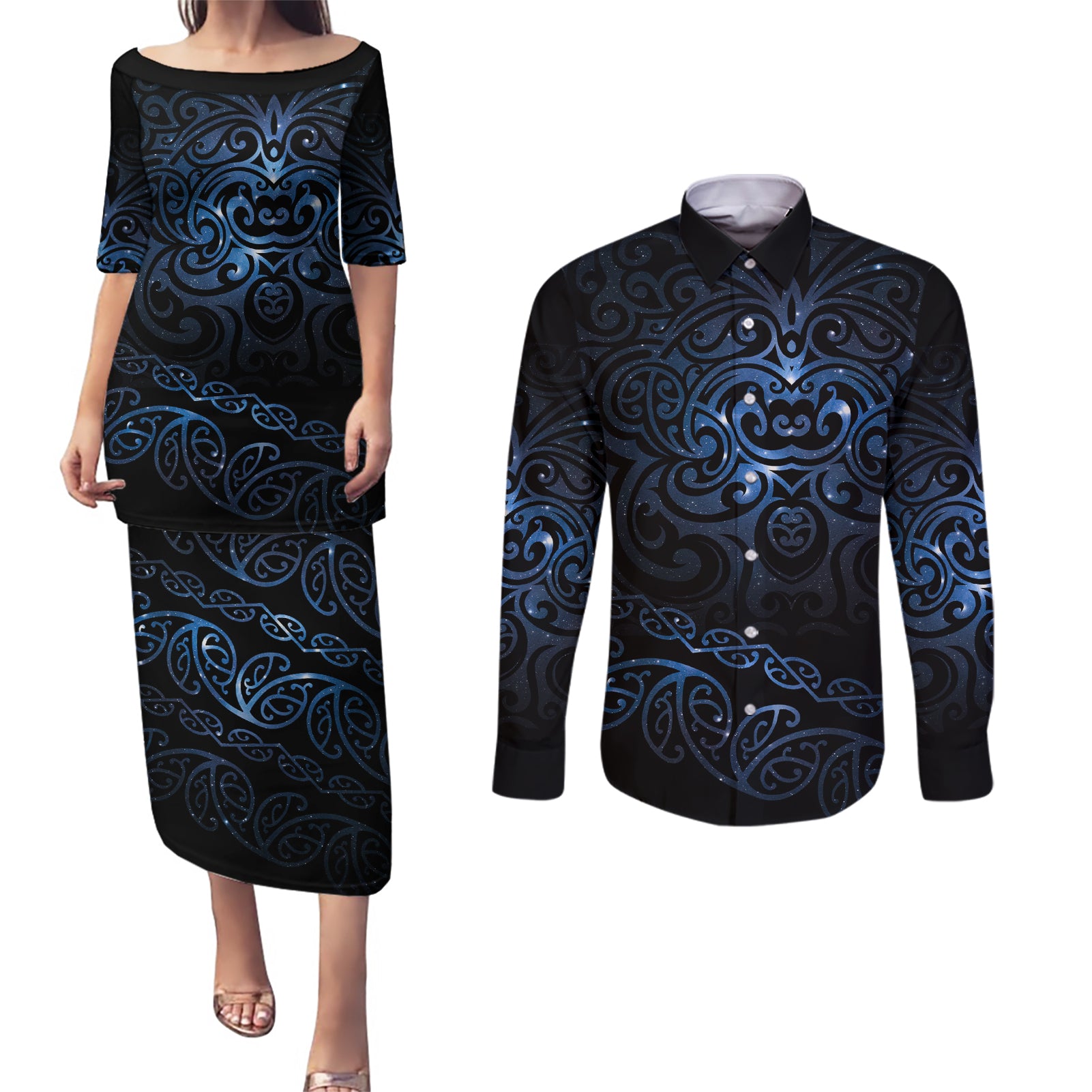 New Zealand Matariki Couples Matching Puletasi Dress and Long Sleeve Button Shirt Cosmic Style LT7 Galaxy - Polynesian Pride