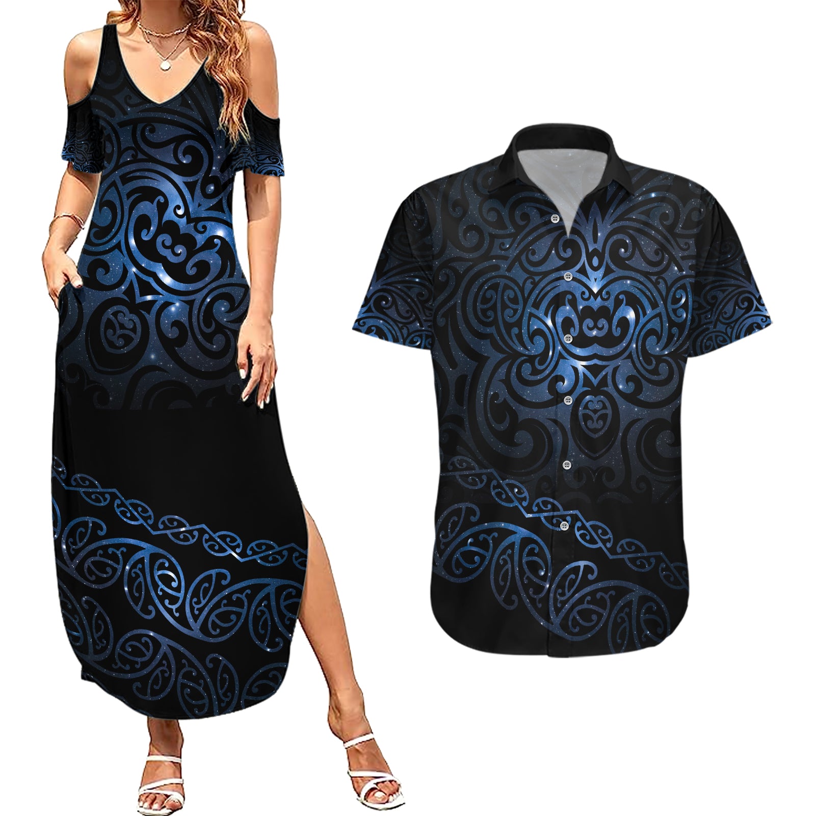 New Zealand Matariki Couples Matching Summer Maxi Dress and Hawaiian Shirt Cosmic Style LT7 Galaxy - Polynesian Pride