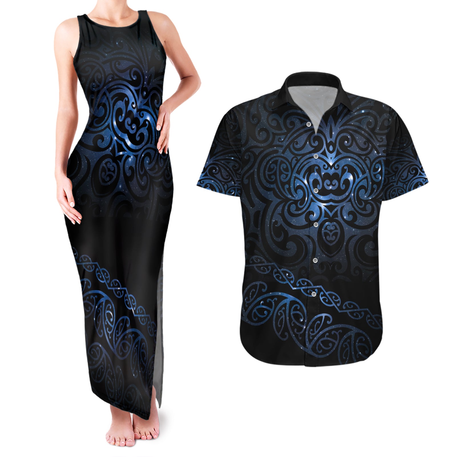 New Zealand Matariki Couples Matching Tank Maxi Dress and Hawaiian Shirt Cosmic Style LT7 Galaxy - Polynesian Pride