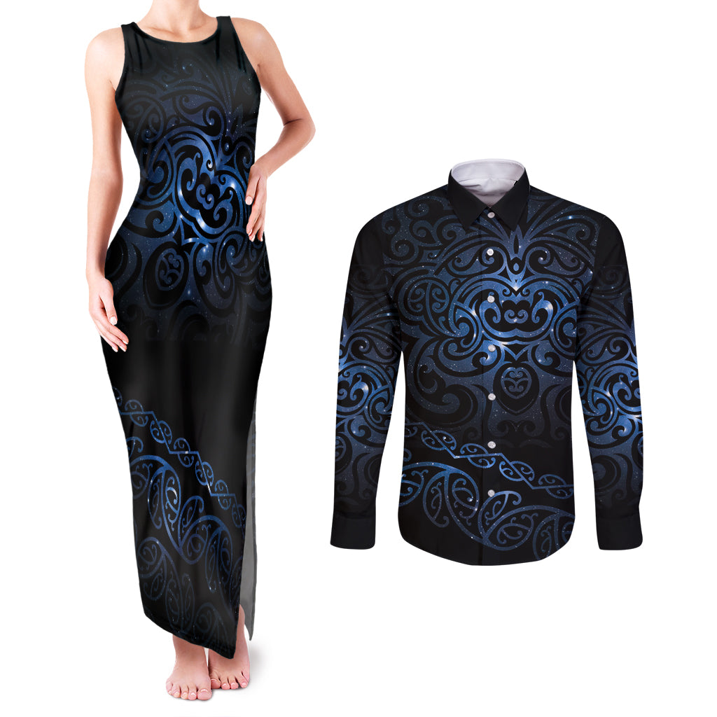 New Zealand Matariki Couples Matching Tank Maxi Dress and Long Sleeve Button Shirt Cosmic Style LT7 Galaxy - Polynesian Pride