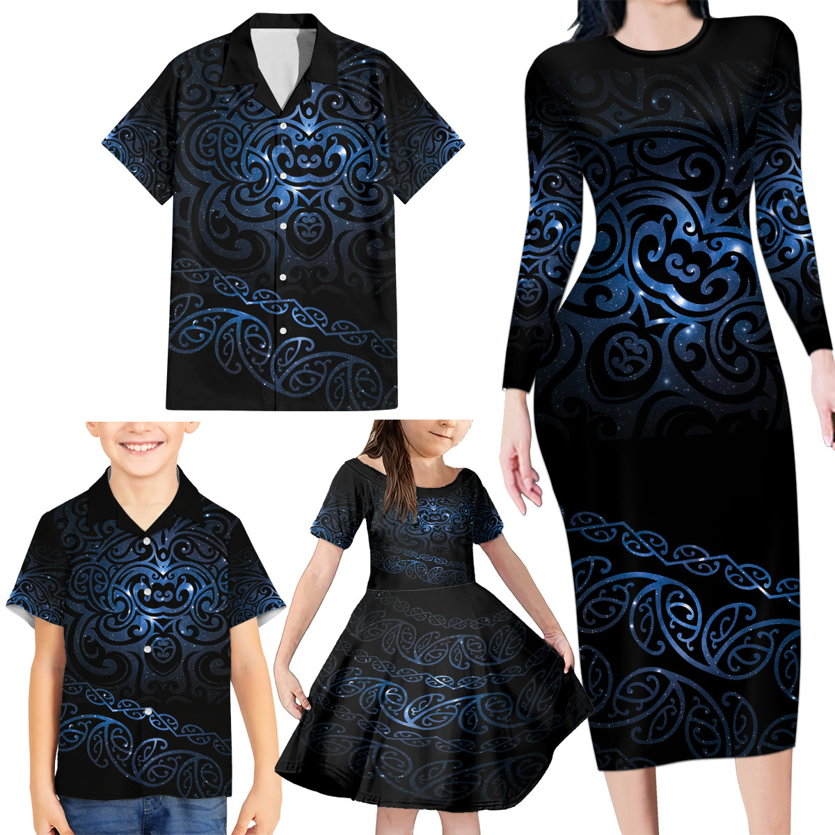 New Zealand Matariki Family Matching Long Sleeve Bodycon Dress and Hawaiian Shirt Cosmic Style LT7 - Polynesian Pride