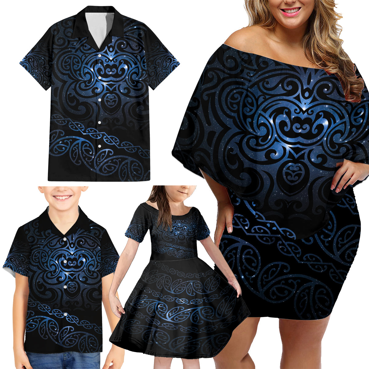 New Zealand Matariki Family Matching Off Shoulder Short Dress and Hawaiian Shirt Cosmic Style LT7 - Polynesian Pride