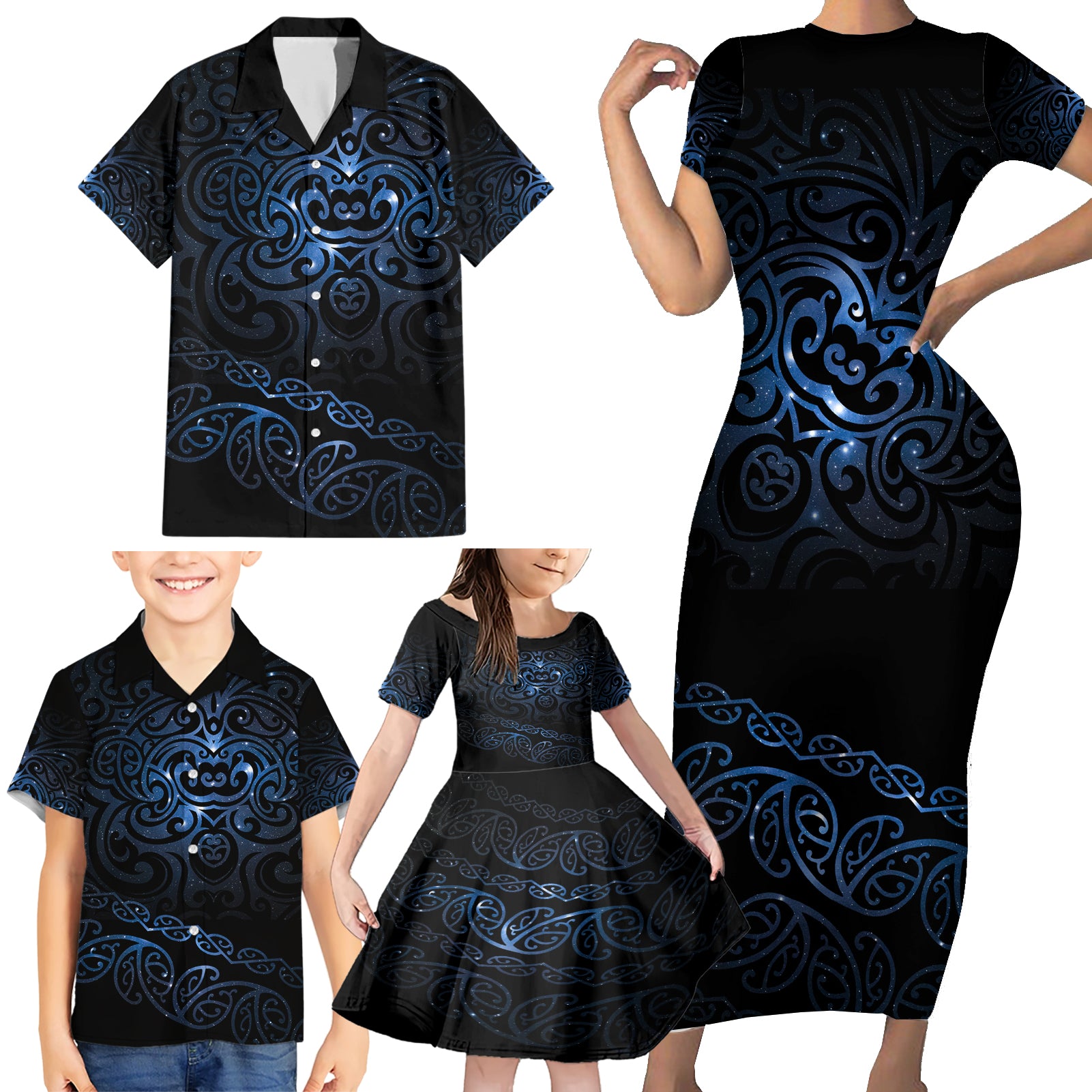 New Zealand Matariki Family Matching Short Sleeve Bodycon Dress and Hawaiian Shirt Cosmic Style LT7 - Polynesian Pride