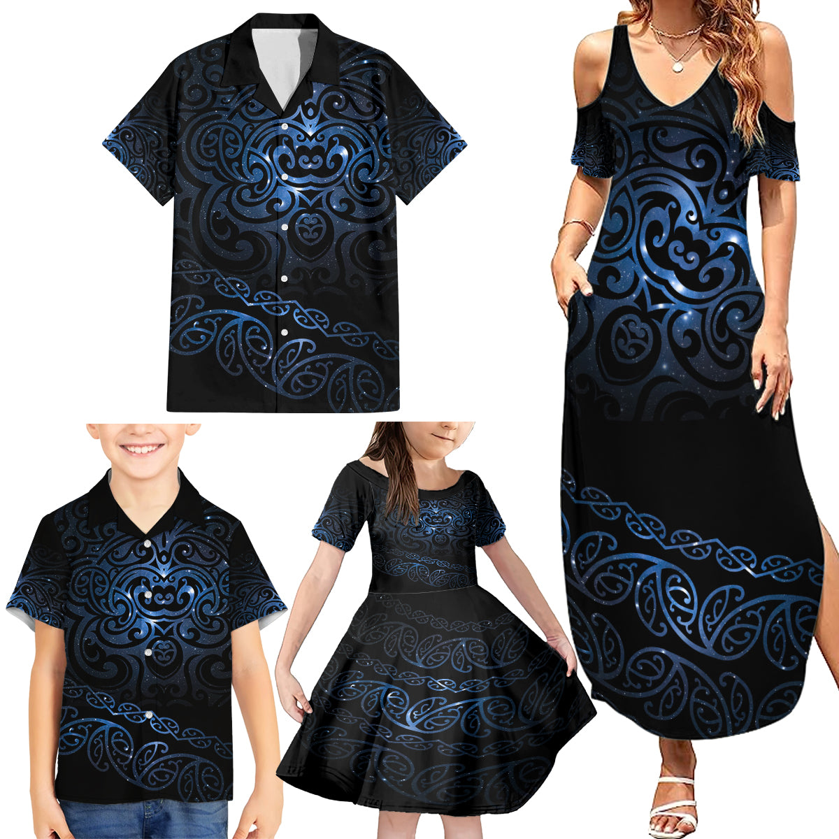 New Zealand Matariki Family Matching Summer Maxi Dress and Hawaiian Shirt Cosmic Style LT7 - Polynesian Pride