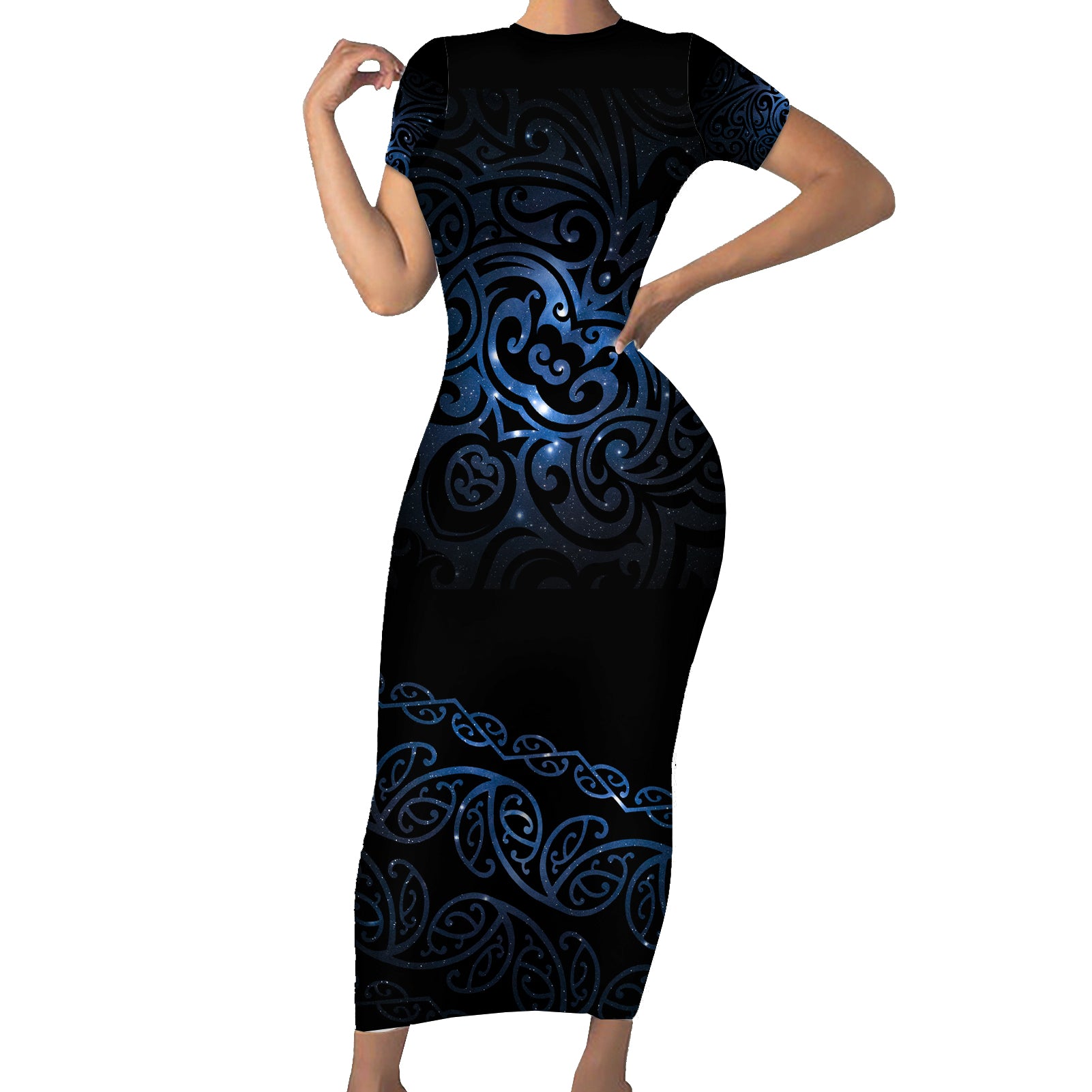 New Zealand Matariki Short Sleeve Bodycon Dress Cosmic Style LT7 Long Dress Galaxy - Polynesian Pride