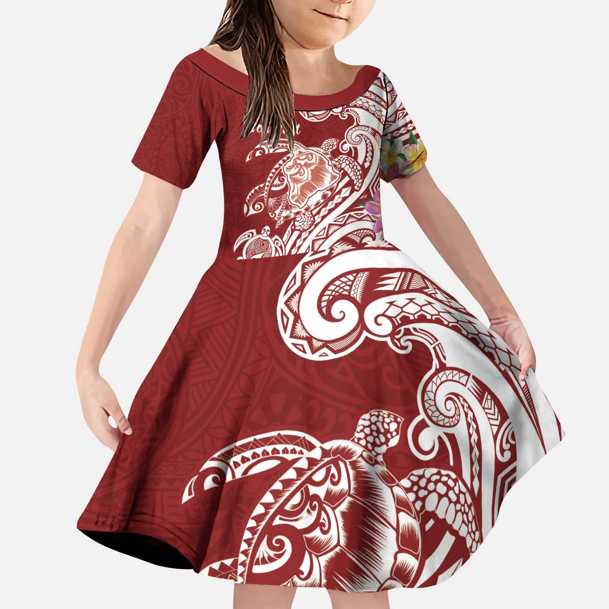 Aloha Hawaii Island Personalized Kid Short Sleeve Dress Crimson Dreamy Turtle LT7 KID Red - Polynesian Pride