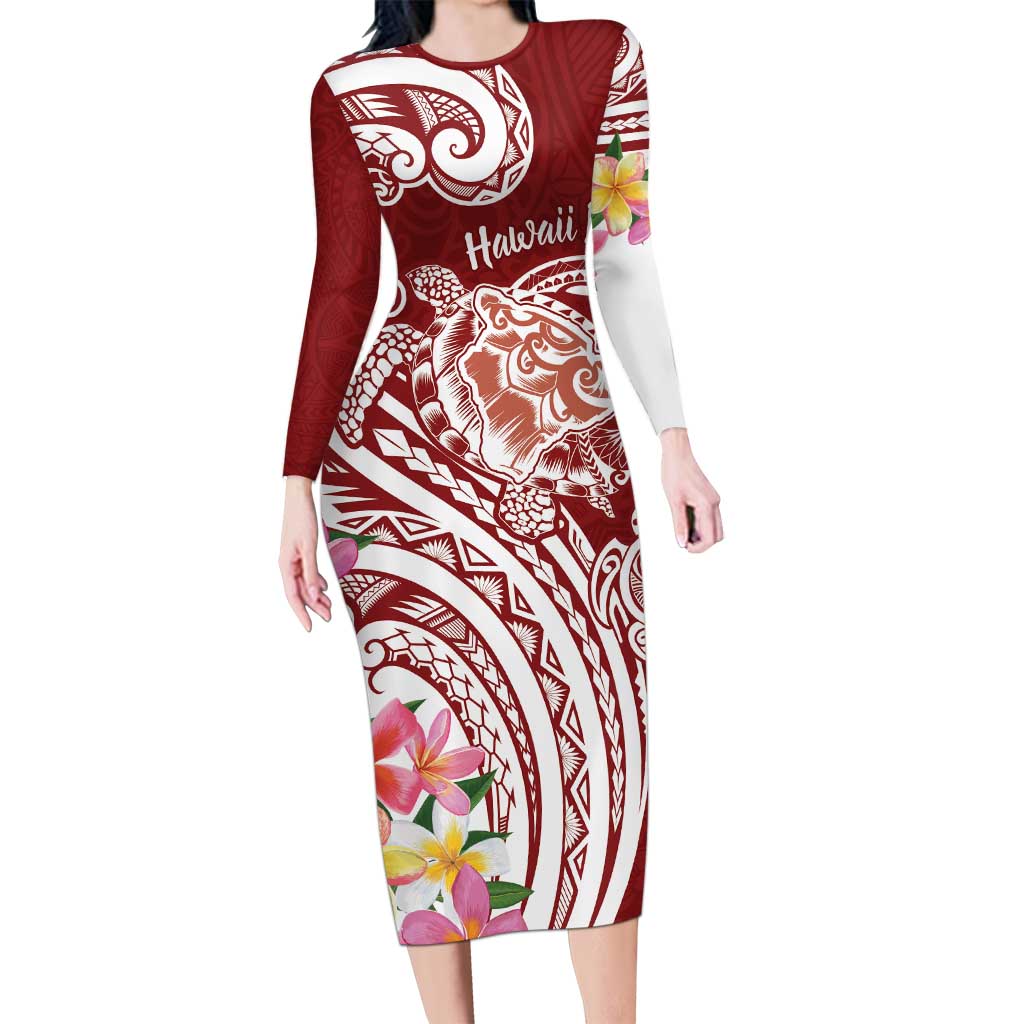 Aloha Hawaii Island Personalized Long Sleeve Bodycon Dress Crimson Dreamy Turtle LT7 Long Dress Red - Polynesian Pride