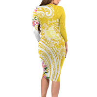 Aloha Oahu Island Personalized Long Sleeve Bodycon Dress Yellow Dreamy Turtle LT7 - Polynesian Pride