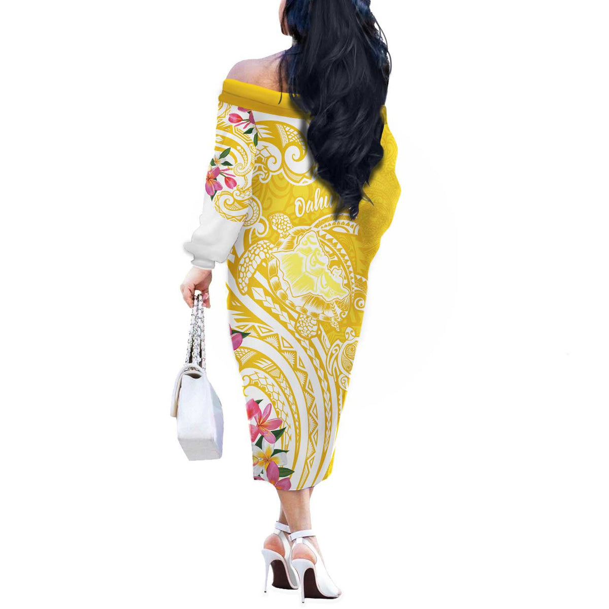 Aloha Oahu Island Personalized Off The Shoulder Long Sleeve Dress Yellow Dreamy Turtle LT7 - Polynesian Pride