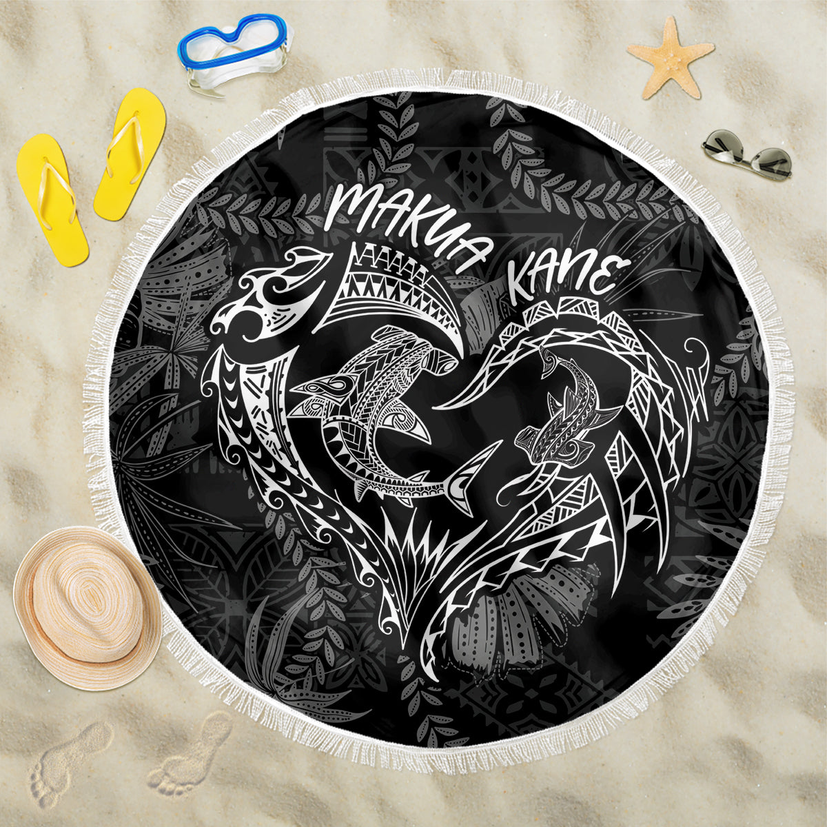 Hawaii Father's Day Vintage Lei Beach Blanket Hauoli la Makuakane - Black LT7 One Size 150cm Black - Polynesian Pride