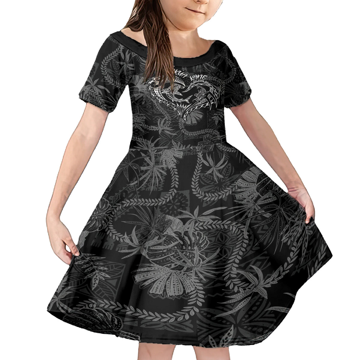 Hawaii Father's Day Vintage Lei Kid Short Sleeve Dress Hauoli la Makuakane - Black LT7 KID Black - Polynesian Pride