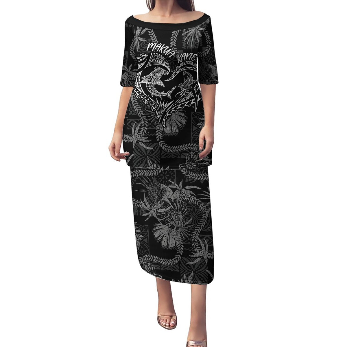 Hawaii Father's Day Vintage Lei Puletasi Hauoli la Makuakane - Black LT7 Long Dress Black - Polynesian Pride
