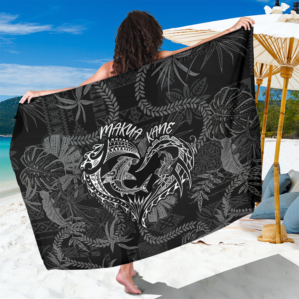 Hawaii Father's Day Vintage Lei Sarong Hauoli la Makuakane - Black LT7 One Size 44 x 66 inches Black - Polynesian Pride