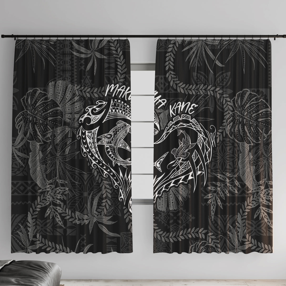 Hawaii Father's Day Vintage Lei Window Curtain Hauoli la Makuakane - Black LT7 With Hooks Black - Polynesian Pride