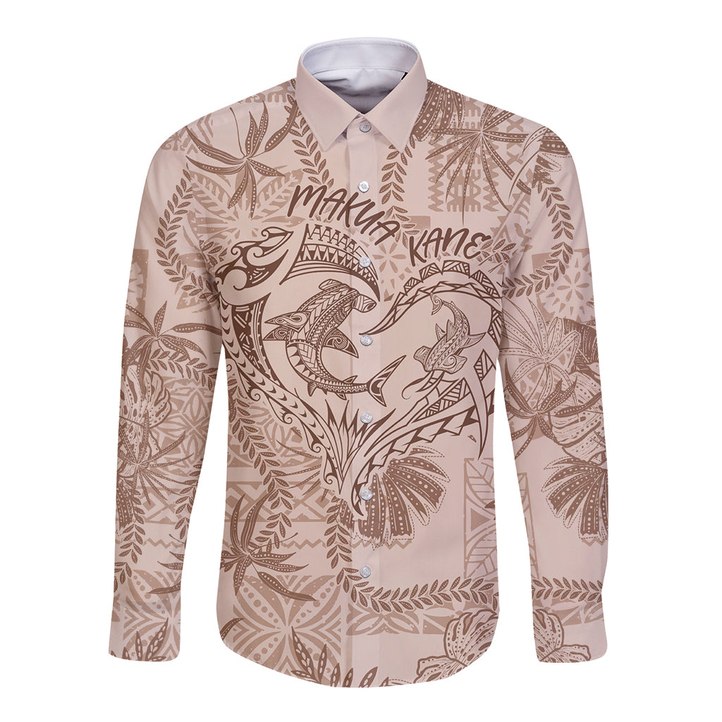 Hawaii Father's Day Vintage Lei Long Sleeve Button Shirt Hauoli la Makuakane - Beige LT7 Unisex Beige - Polynesian Pride