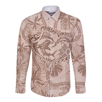Hawaii Father's Day Vintage Lei Long Sleeve Button Shirt Hauoli la Makuakane - Beige LT7 Unisex Beige - Polynesian Pride