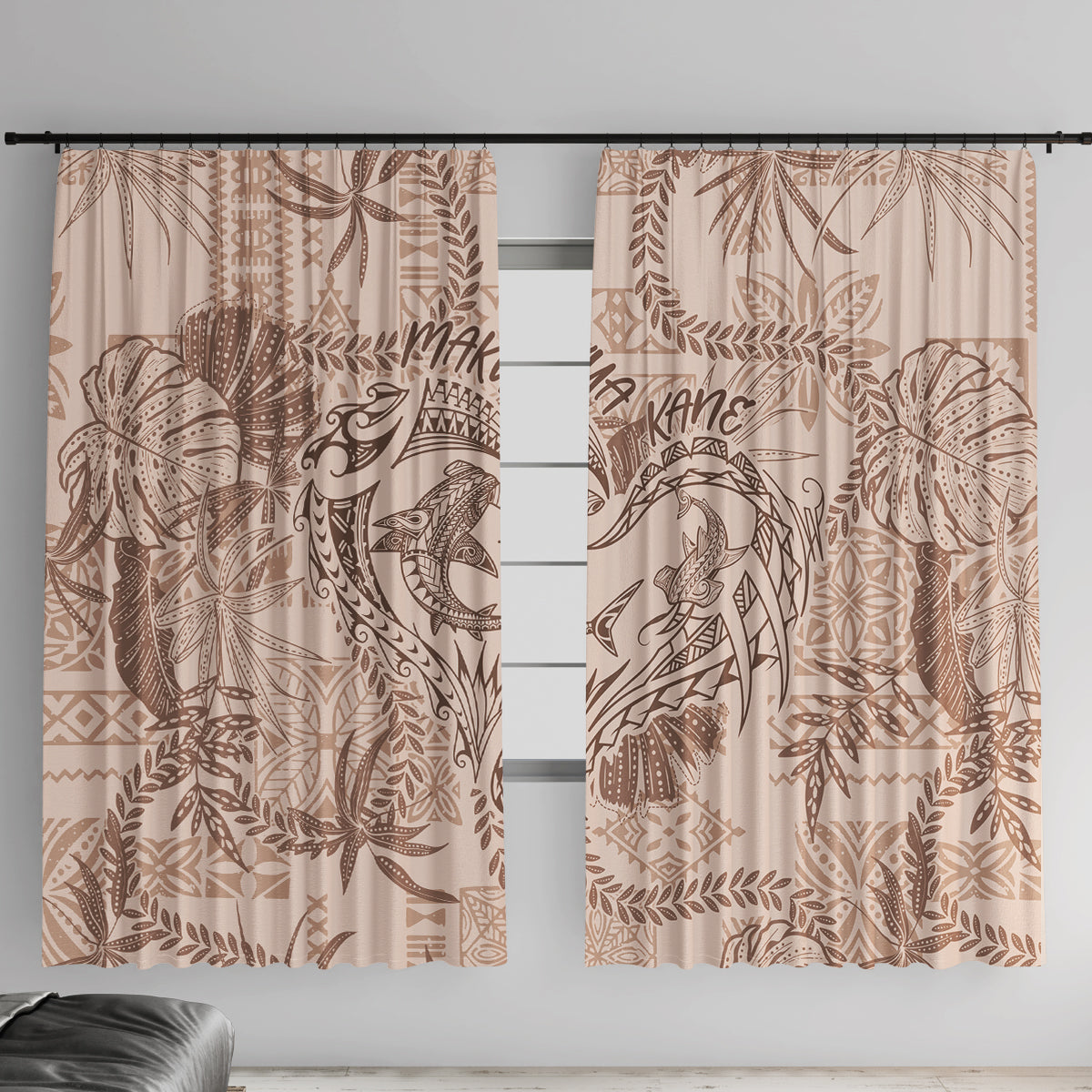 Hawaii Father's Day Vintage Lei Window Curtain Hauoli la Makuakane - Beige LT7 With Hooks Beige - Polynesian Pride