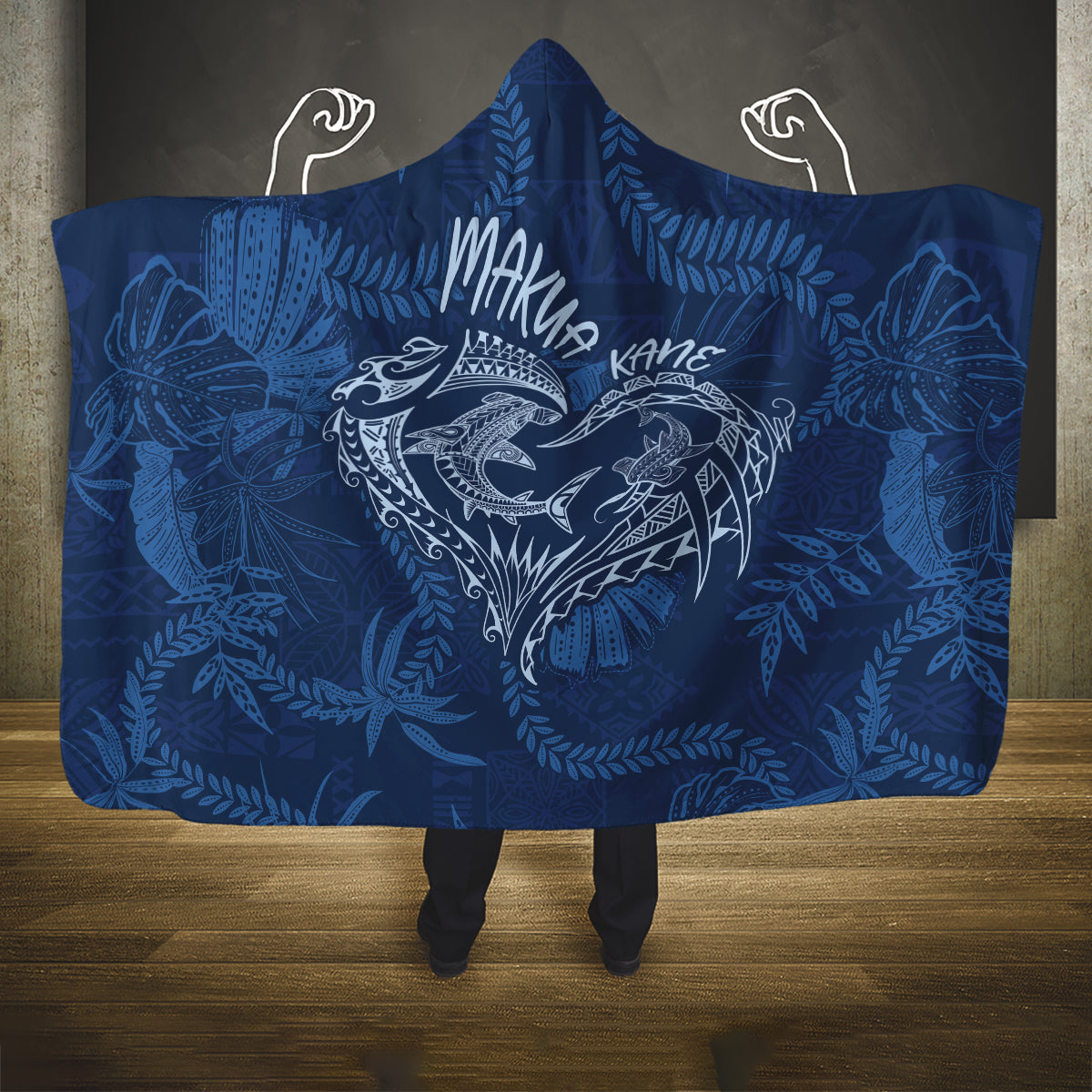 Hawaii Father's Day Vintage Lei Hooded Blanket Hauoli la Makuakane - Blue LT7 One Size Blue - Polynesian Pride