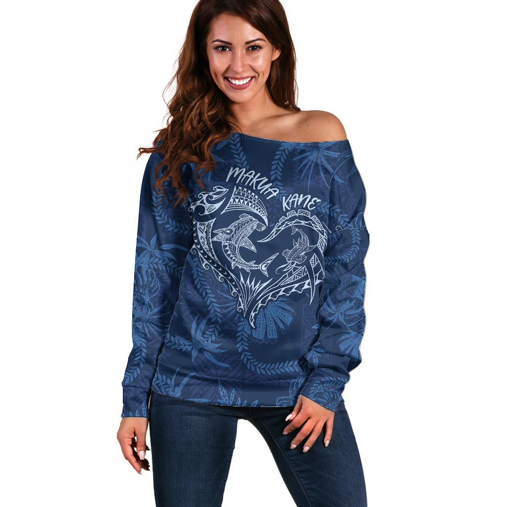 Hawaii Father's Day Vintage Lei Off Shoulder Sweater Hauoli la Makuakane - Blue LT7 Women Blue - Polynesian Pride