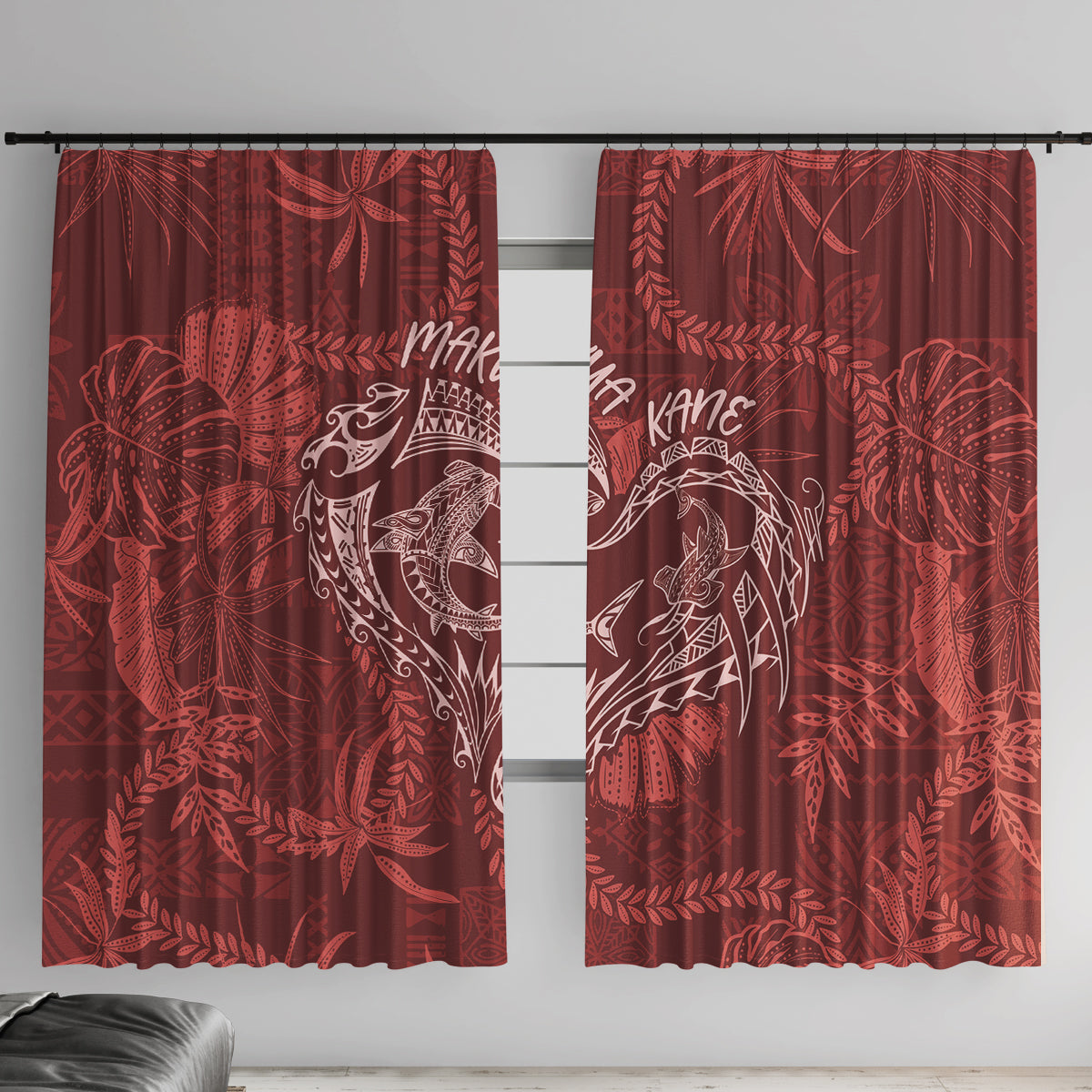 Hawaii Father's Day Vintage Lei Window Curtain Hauoli la Makuakane - Red LT7 With Hooks Red - Polynesian Pride