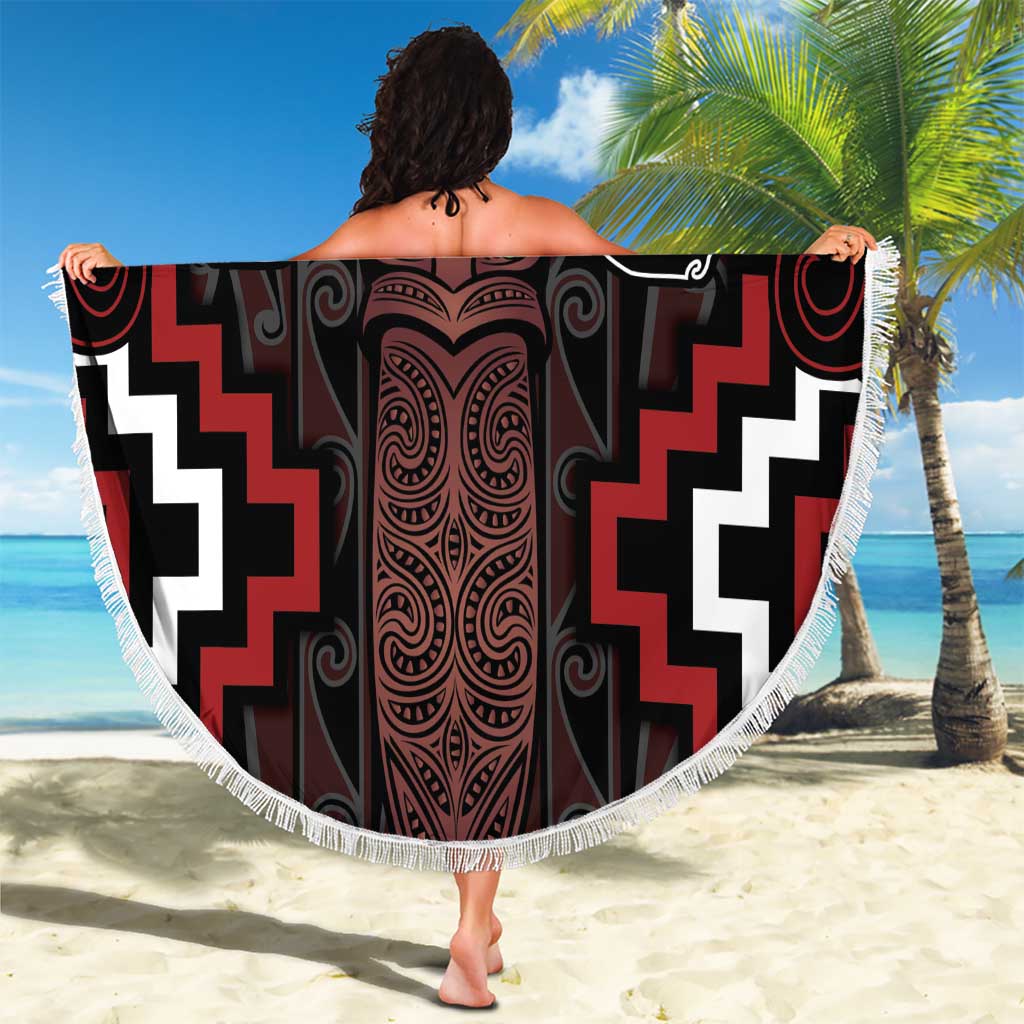 Maori Taiaha Whakairo Personalized Beach Blanket Red Poutama Motifs LT7 - Polynesian Pride