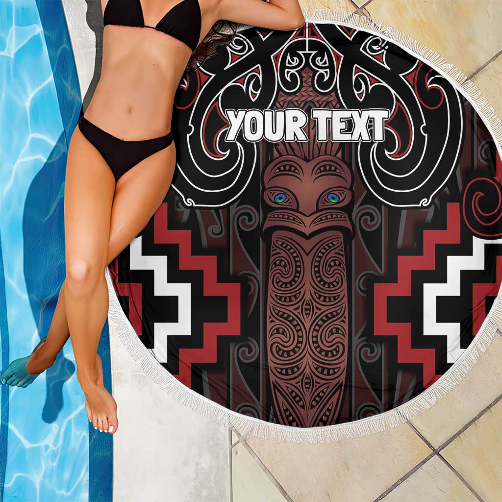 Maori Taiaha Whakairo Personalized Beach Blanket Red Poutama Motifs LT7 - Polynesian Pride