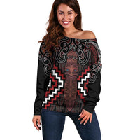 Maori Taiaha Whakairo Personalized Off Shoulder Sweater Red Poutama Motifs LT7 Women Red - Polynesian Pride