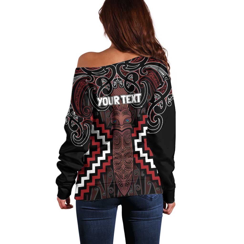 Maori Taiaha Whakairo Personalized Off Shoulder Sweater Red Poutama Motifs LT7 - Polynesian Pride