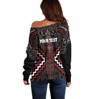 Maori Taiaha Whakairo Personalized Off Shoulder Sweater Red Poutama Motifs LT7 - Polynesian Pride