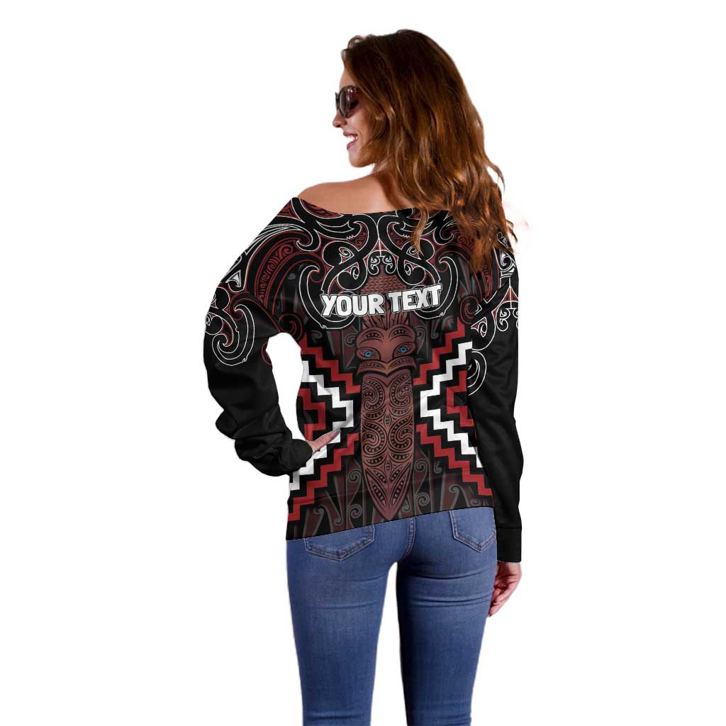 Maori Taiaha Whakairo Personalized Off Shoulder Sweater Red Poutama Motifs LT7 - Polynesian Pride