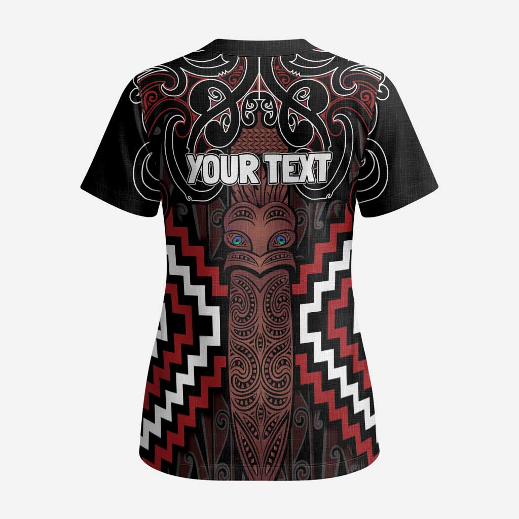Maori Taiaha Whakairo Personalized Scrub Top Red Poutama Motifs LT7 - Polynesian Pride