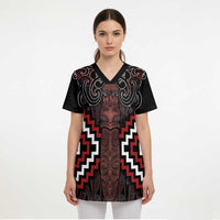 Maori Taiaha Whakairo Personalized Scrub Top Red Poutama Motifs LT7 - Polynesian Pride