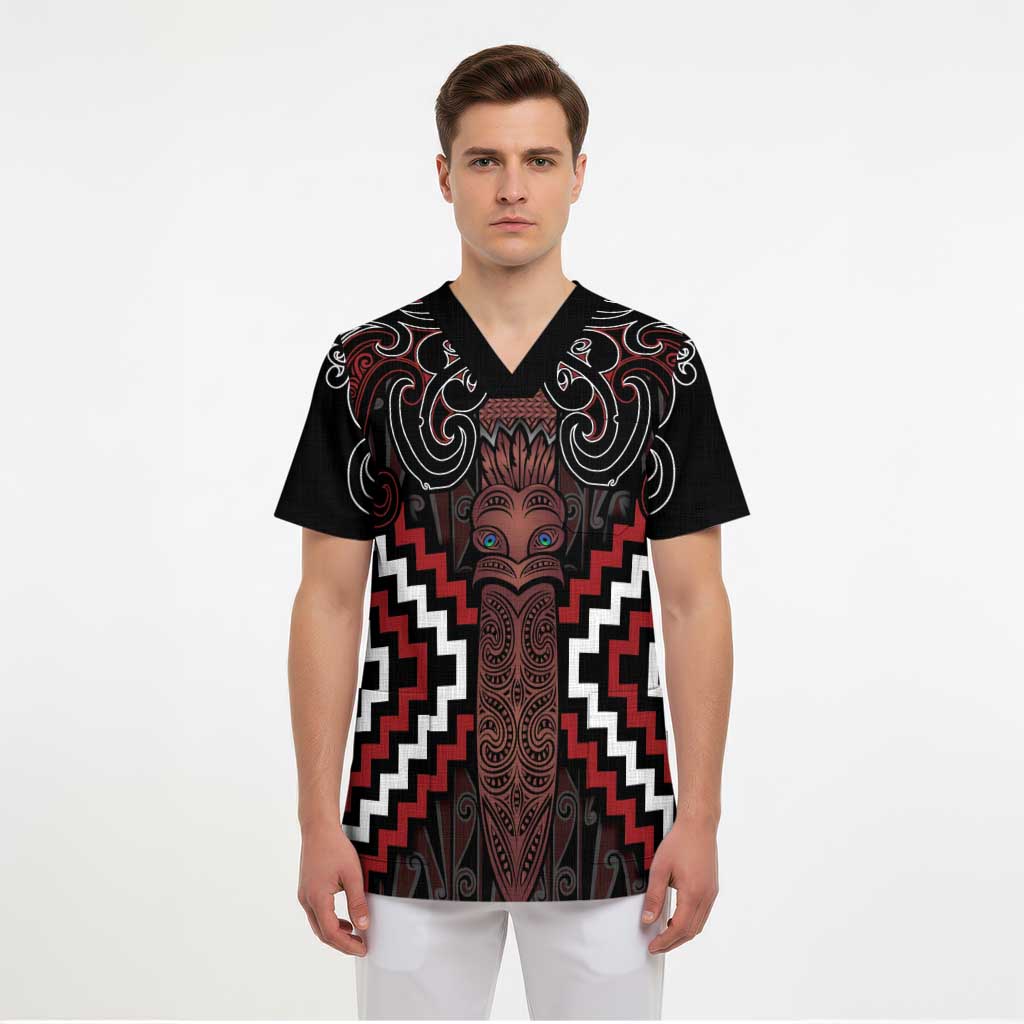 Maori Taiaha Whakairo Personalized Scrub Top Red Poutama Motifs LT7 - Polynesian Pride