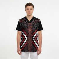Maori Taiaha Whakairo Personalized Scrub Top Red Poutama Motifs LT7 - Polynesian Pride