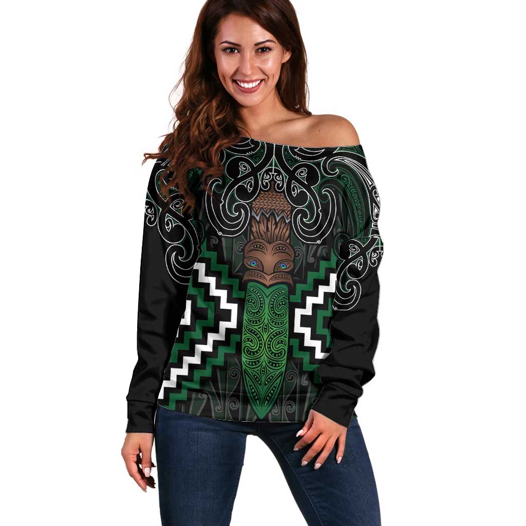 Maori Taiaha Pounamu Whakairo Personalized Off Shoulder Sweater Jade Poutama Motifs LT7 Women Jade - Polynesian Pride