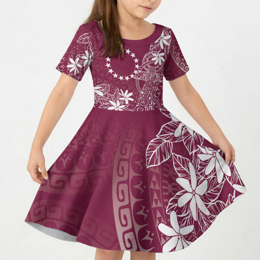 Maroon Kuki Airani Tapakau Kid Short Sleeve Dress Tribal Anchor Mix Tiare LT7 KID Maroon - Polynesian Pride