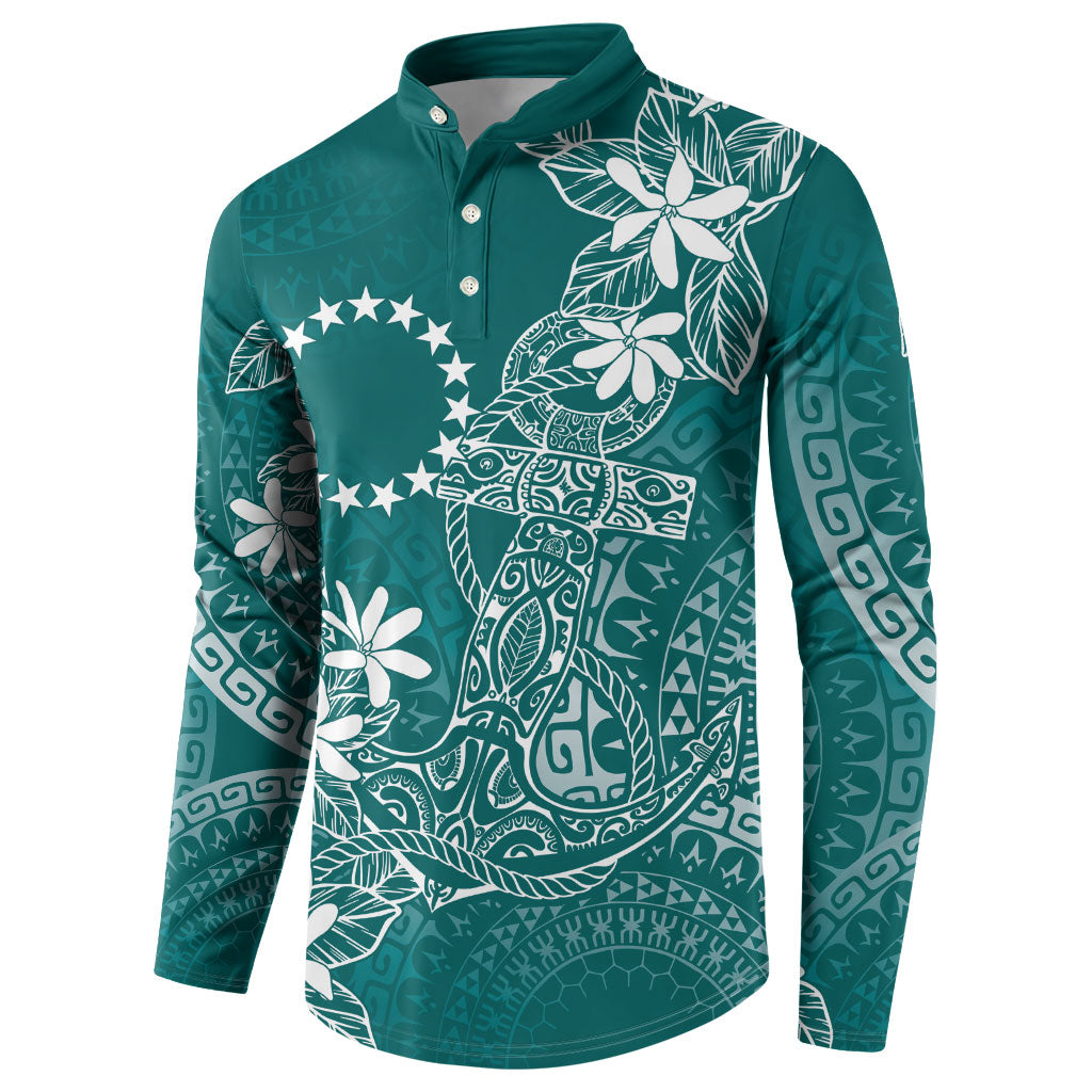 Teal Kuki Airani Tapakau Button Sweatshirt Tribal Anchor Mix Tiare LT7 - Polynesian Pride