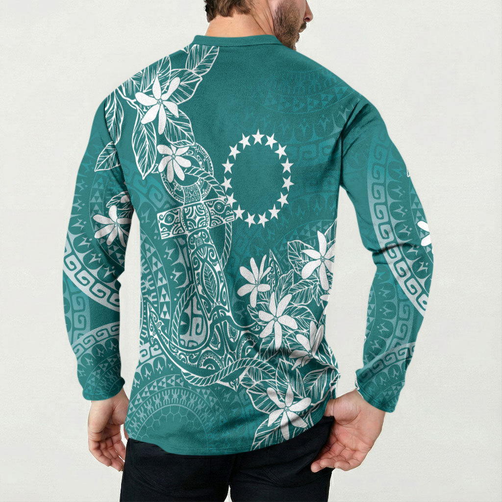 Teal Kuki Airani Tapakau Button Sweatshirt Tribal Anchor Mix Tiare LT7 - Polynesian Pride