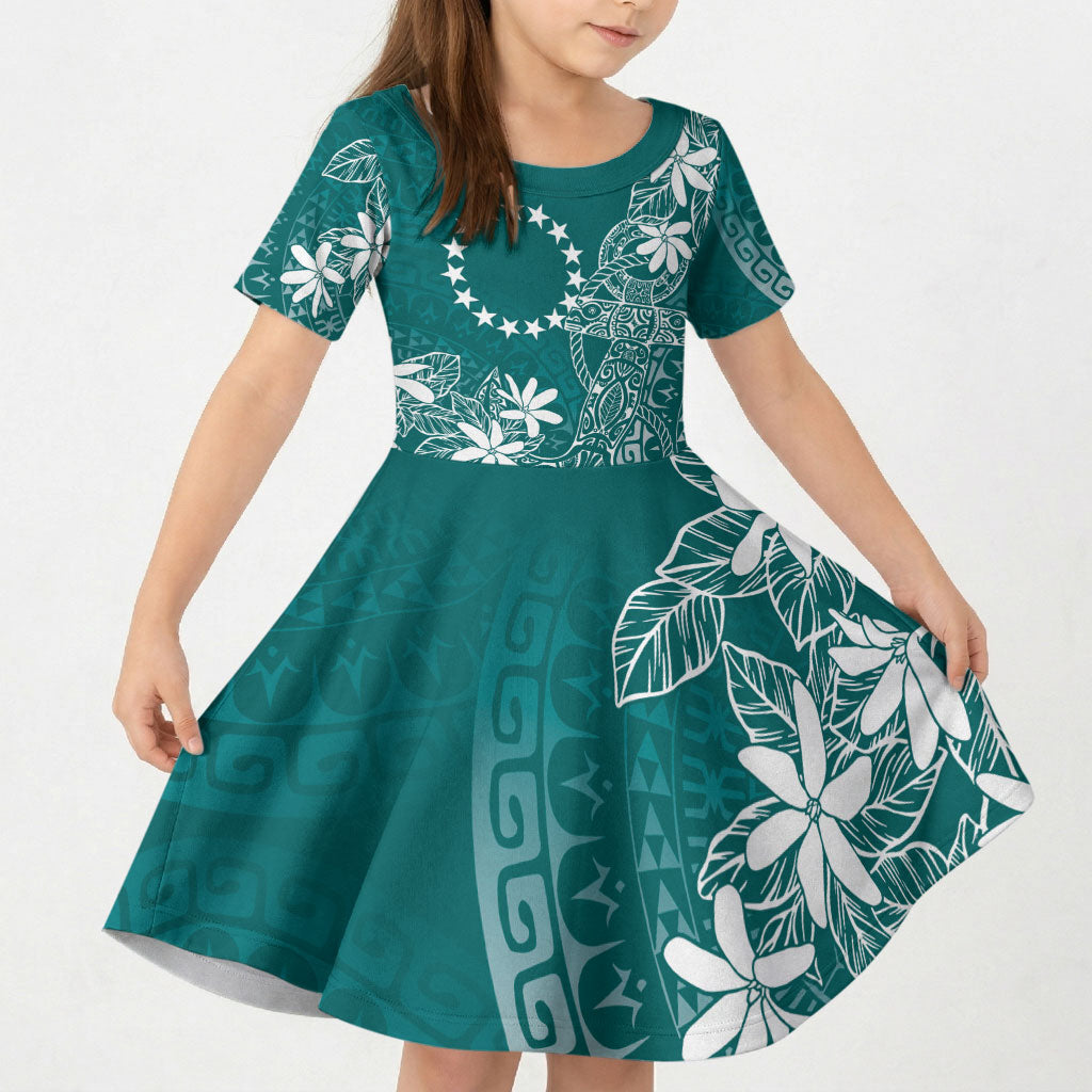 Teal Kuki Airani Tapakau Kid Short Sleeve Dress Tribal Anchor Mix Tiare LT7 KID Teal - Polynesian Pride