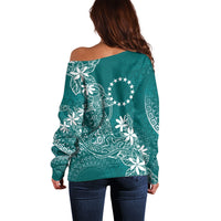 Teal Kuki Airani Tapakau Off Shoulder Sweater Tribal Anchor Mix Tiare LT7 - Polynesian Pride