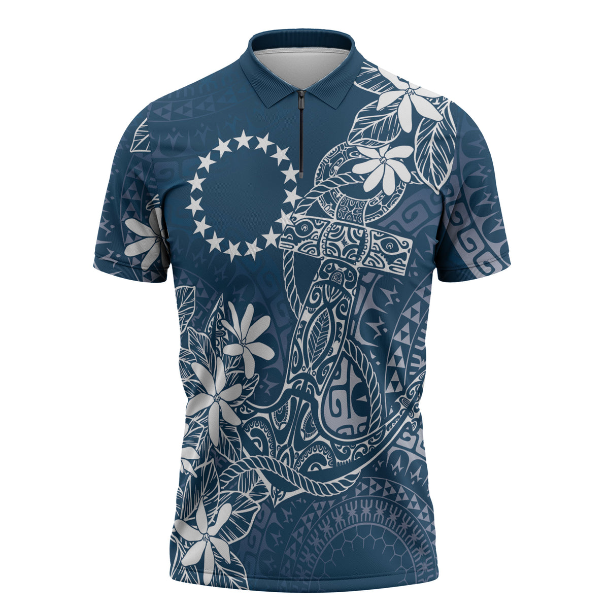 Navy Kuki Airani Tapakau Zipper Polo Shirt Tribal Anchor Mix Tiare LT7 Navy - Polynesian Pride