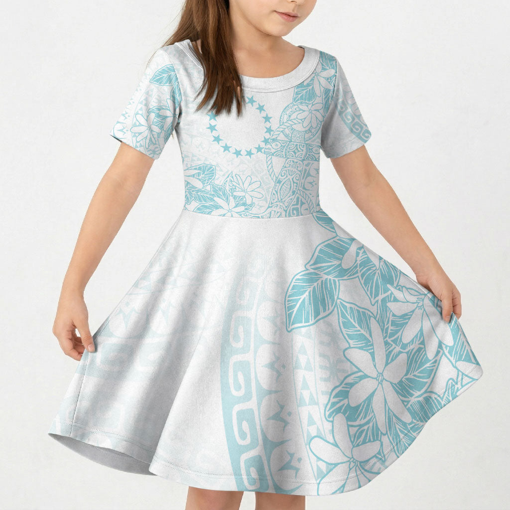 Turquoise Kuki Airani Tapakau Kid Short Sleeve Dress Tribal Anchor Mix Tiare LT7 KID Turquoise - Polynesian Pride
